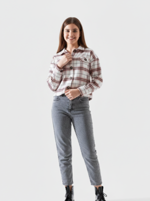 شميز بناتي كاروهات روز وأبيض – ملابس أطفال خروج خريفي