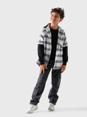 قميص كاروهات أولادي أبيض وأسود – ملابس أطفال خروج خريفية