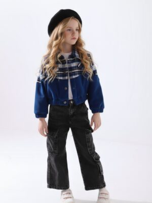 جاكيت كاروهات أزرق بناتي – ملابس أطفال بنات خروج شتوي