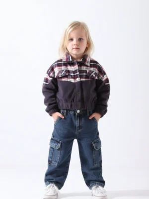 جاكيت خريفي بناتي كحلي كاروهات – ملابس أطفال بنات خروج