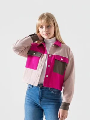 جاكيت قطيفة مضلع فوشيا وبيج – ملابس أطفال بنات خروج أنيقة