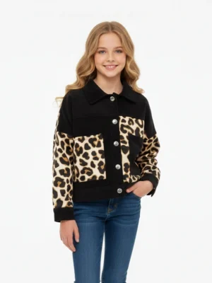 جاكيت بناتي أسود بنقشة تايجر – ملابس أطفال خريفية راقية