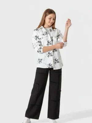 شميز بناتي أبيض منقوش ورد أسود - ملابس أطفال بنات خروج