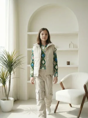 طقم بناتي شتوي جيليه بيج وبنطلون واسع – ملابس أطفال راقية