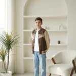 جاكيت أولادي Varsity بني وبيج – ملابس أطفال شتوية كاجوال