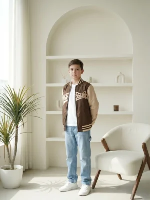 جاكيت أولادي Varsity بني وبيج – ملابس أطفال شتوية كاجوال