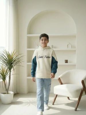 سويت شيرت أولادي كريمي وبترولي Sun Force – ملابس أطفال شتوي