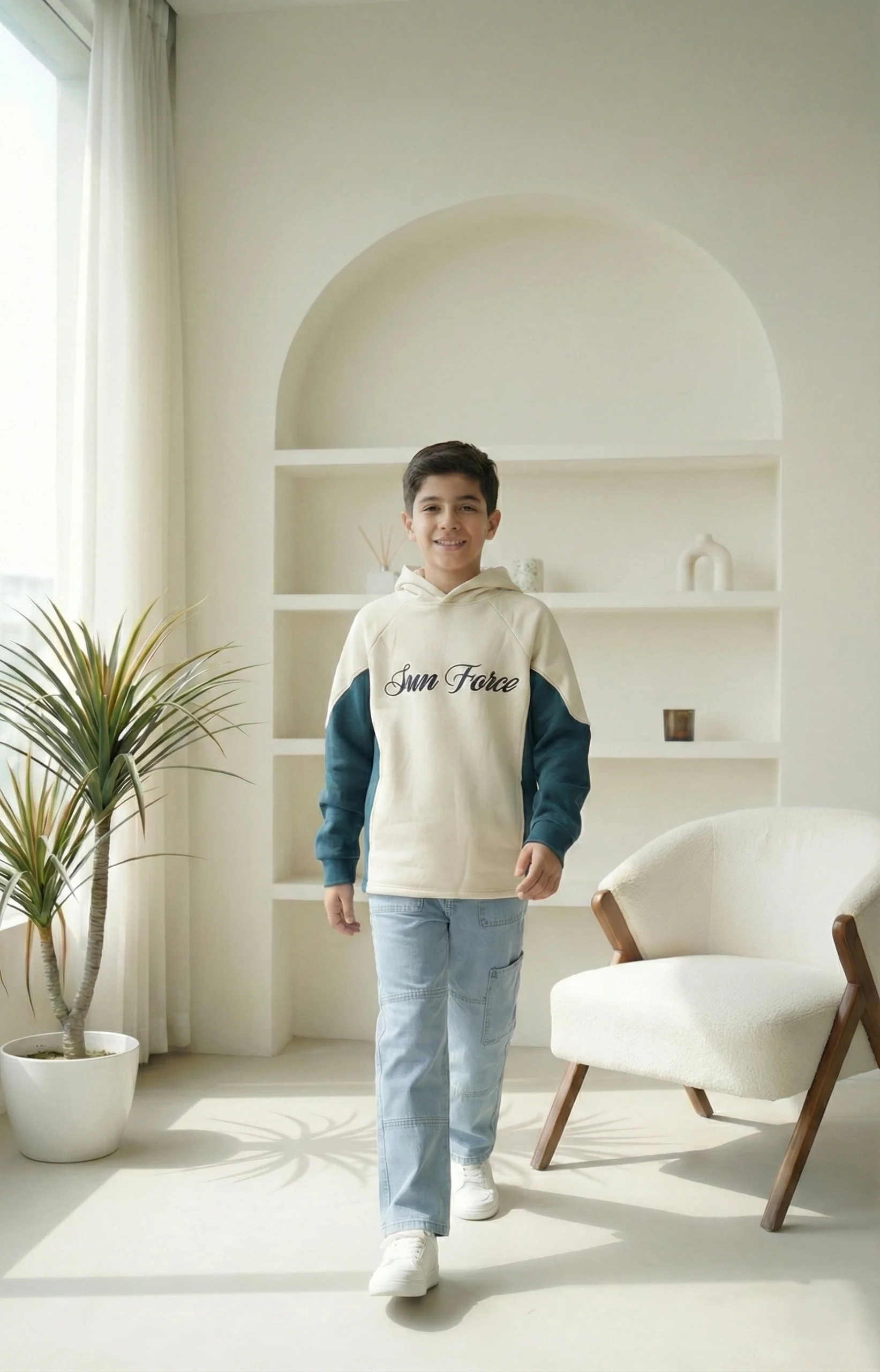 سويت شيرت أولادي كريمي وبترولي Sun Force – ملابس أطفال شتوي