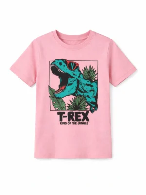 تيشيرت أولادي وردي طباعة ديناصور - ملابس أطفال صيفية كاجوال