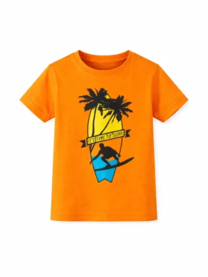 تيشيرت برتقالي مطبوع أولادي – ملابس أطفال صيفية مريحة