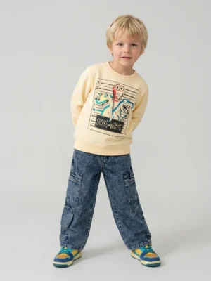 سويت شيرت أولادي أصفر كريمي مطبوع – ملابس أطفال شتوي كاجوال