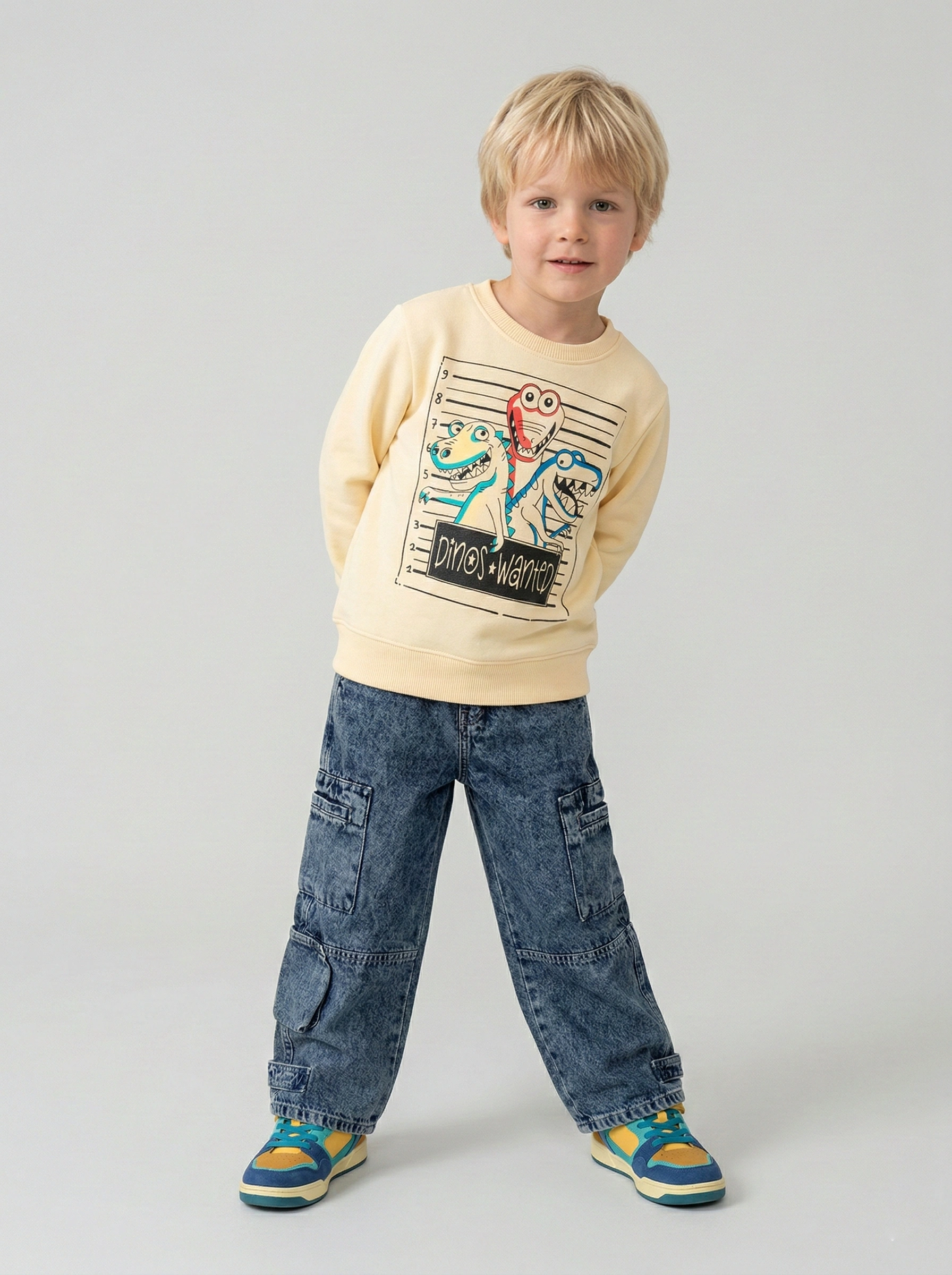 سويت شيرت أولادي أصفر كريمي مطبوع – ملابس أطفال شتوي كاجوال