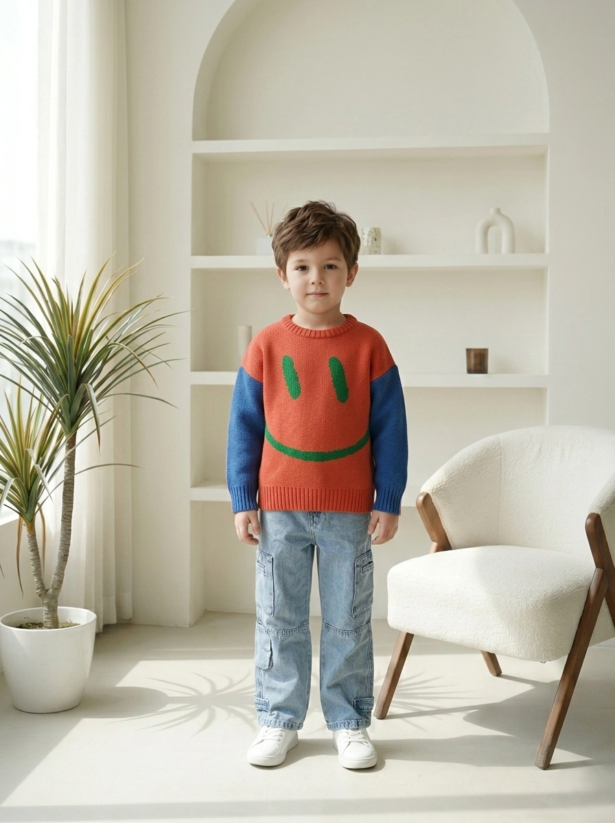 بلوفر تريكو برتقالي وأزرق سمايلي فيس – ملابس أطفال ولادي شتوي