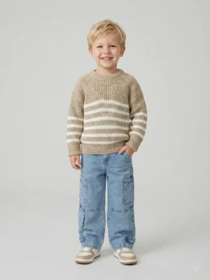 بلوفر أولادي تريكو مخطط بيج - ملابس أطفال شتوي فاخرة