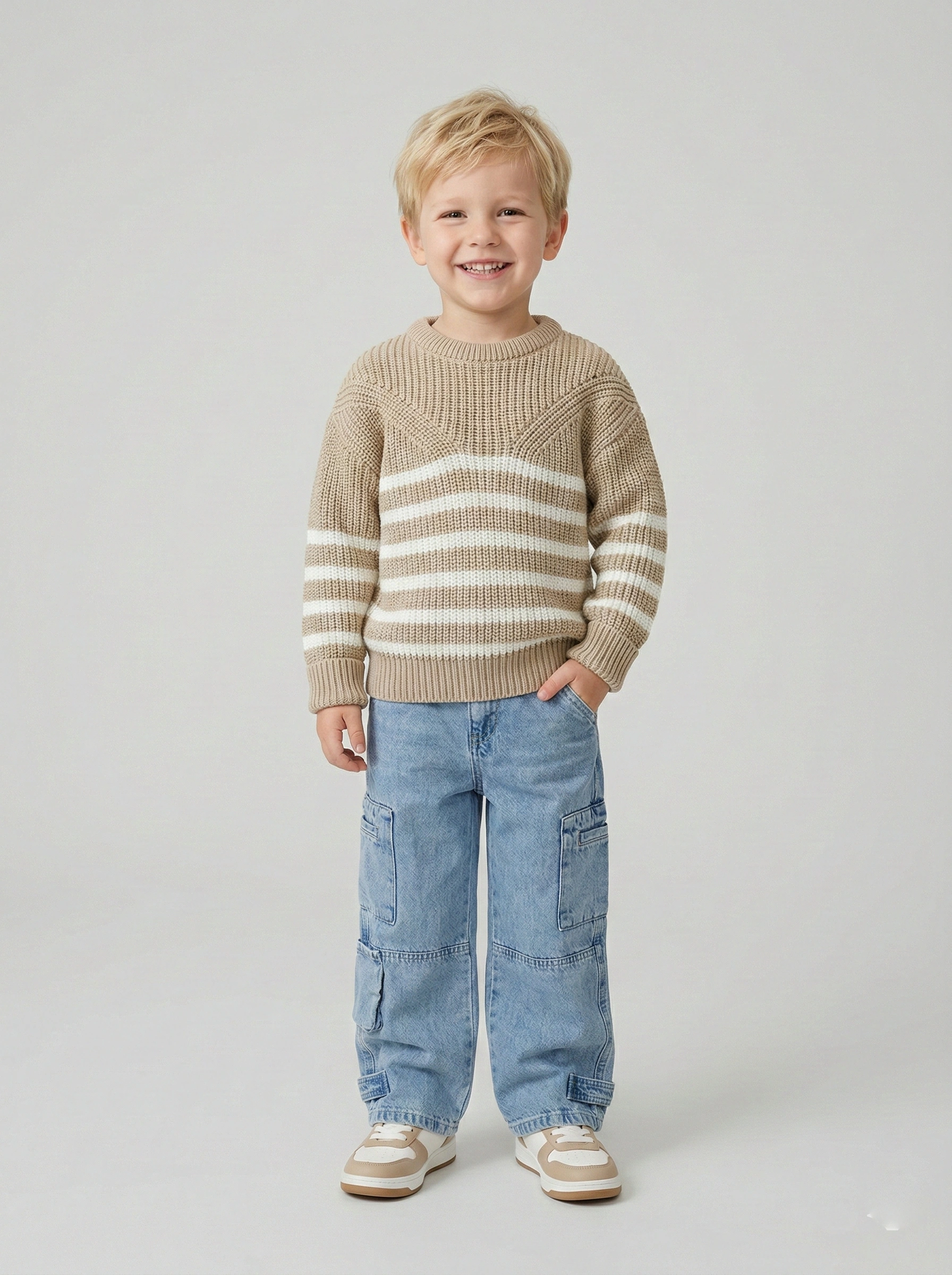 بلوفر أولادي تريكو مخطط بيج - ملابس أطفال شتوي فاخرة