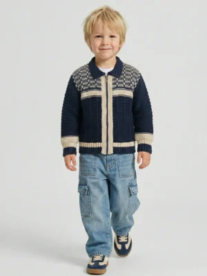 جاكيت تريكو أولادي كحلي بسوستة – ملابس أطفال شتوي كلاسيك