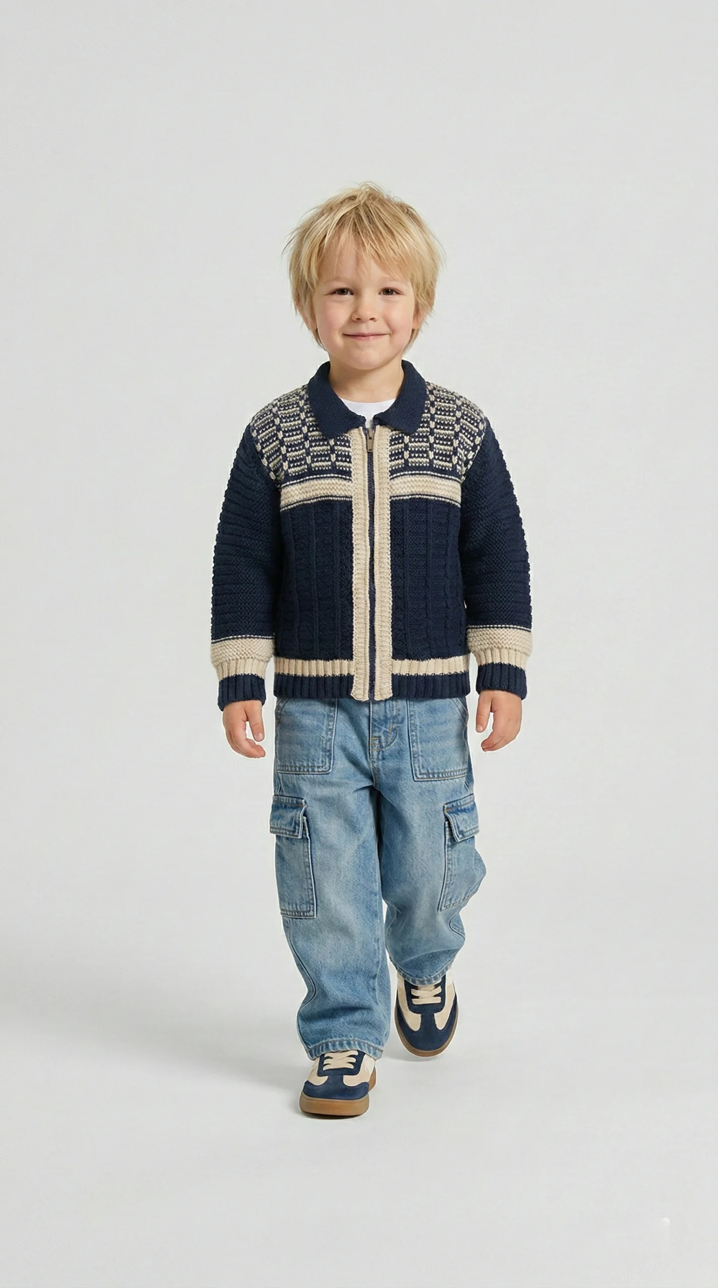 جاكيت تريكو أولادي كحلي بسوستة – ملابس أطفال شتوي كلاسيك