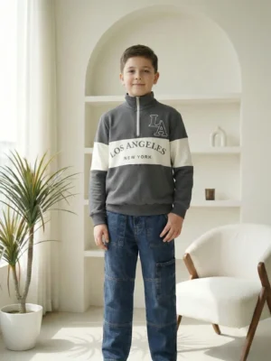 سويت شيرت أولادي رمادي هاف زيب – ملابس أطفال ولادي شتوي