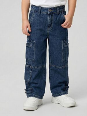 "بنطلون جينز أولادي أزرق كارغو - ملابس أطفال كاجوال"