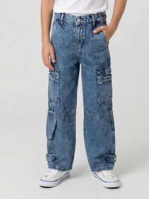 "بنطلون جينز أولادي أزرق فاتح كارغو - ملابس أطفال خروج"