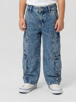 "بنطلون جينز أولادي أسيد واش كارغو - ملابس أطفال خروج"