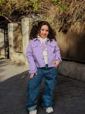 جاكيت جينز بناتي بنفسجي خريفي - ملابس أطفال بنات خروج.