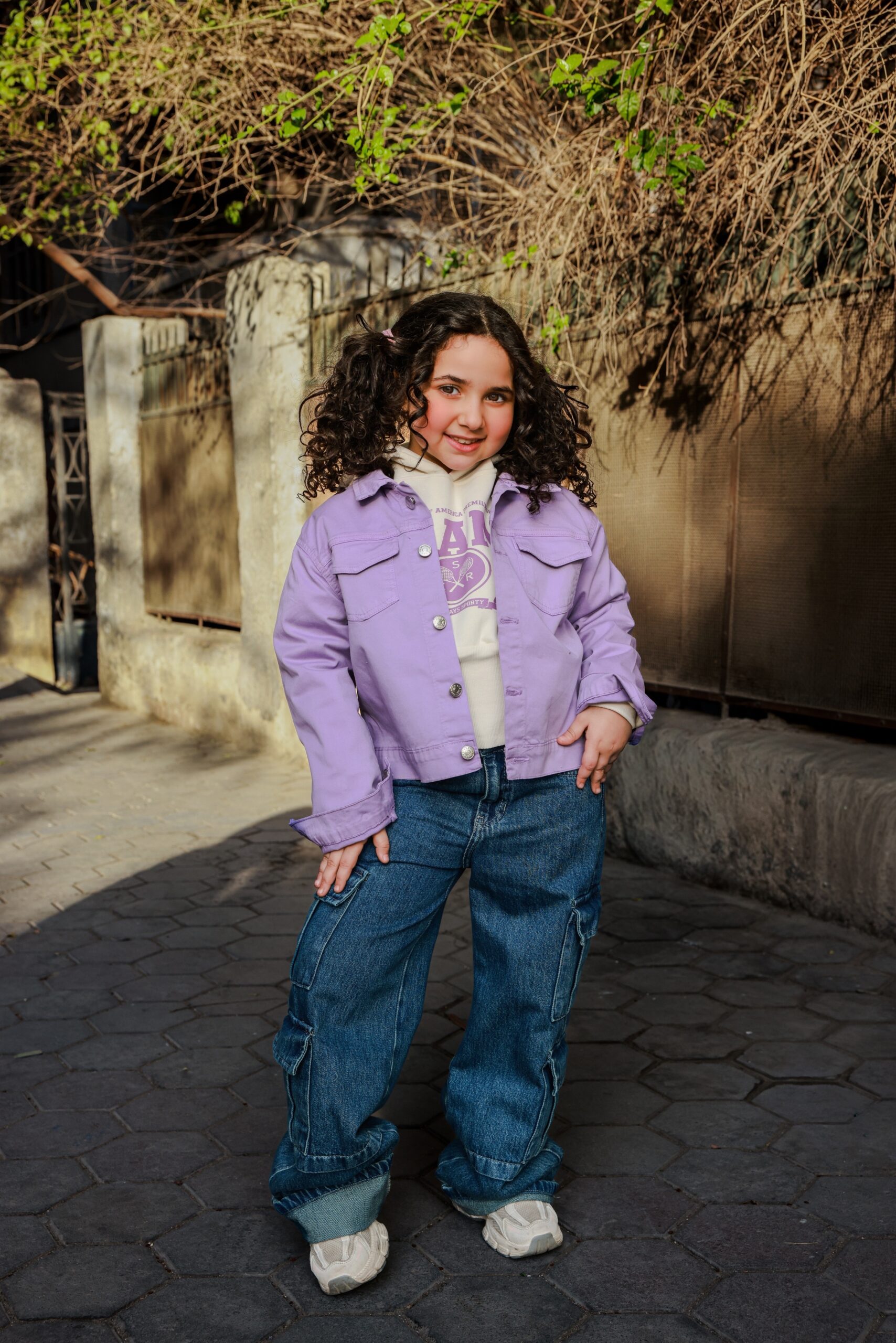 جاكيت جينز بناتي بنفسجي خريفي - ملابس أطفال بنات خروج.