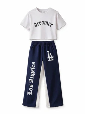 سوت بناتي صيفي أبيض وكحلي – ملابس أطفال كاجوال