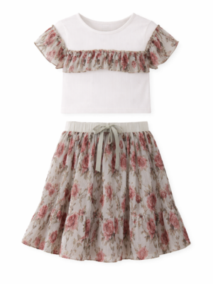 طقم بناتي تنورة مشجرة وتوب أبيض – ملابس أطفال بنات خروج صيفي
