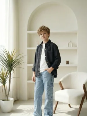 جاكيت جينز أولادي أسود خريفي - ملابس أطفال ماركات.