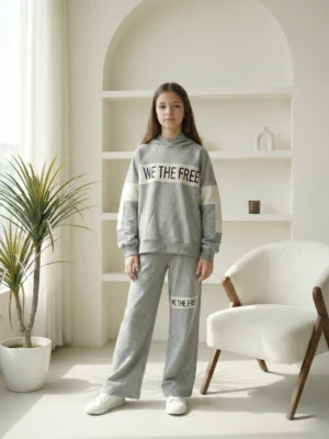 سوت هوديي بناتي رمادي – ملابس أطفال خريفية أنيقة