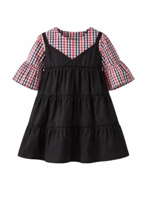 فستان طبقات أسود وكاروهات – ملابس أطفال بنات خروج صيفي