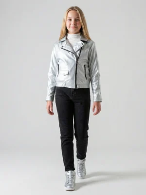 جاكيت جلد بناتي فضي – ملابس أطفال شتوي للمناسبات