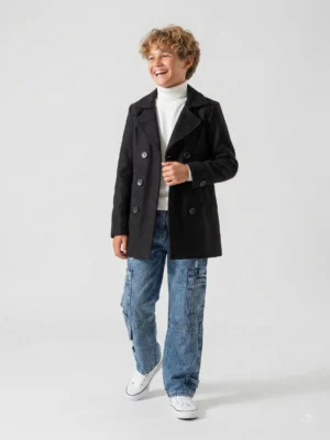 بالطو أولادي شتوي أسود صوف – ملابس أطفال أنيقة ورسمية