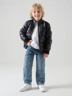 جاكيت مبطن أسود لامع أولادي – ملابس أطفال شتوي كاجوال