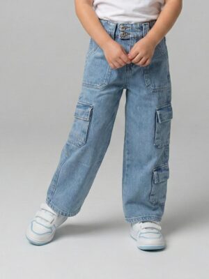 بنطلون جينز كارجو بناتي فاتح – ملابس أطفال خروج صيفية