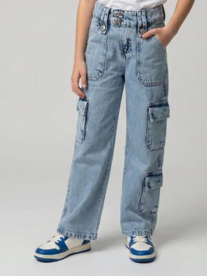 بنطلون جينز كارجو بناتي فاتح للمراهقات – ملابس أطفال راقية