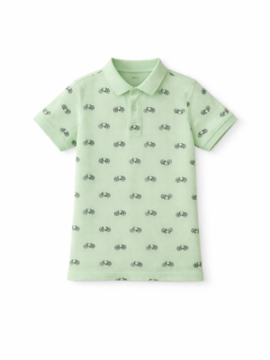 تيشيرت بولو أولادي أخضر مينت بنقشة عجلة – ملابس أطفال صيفية