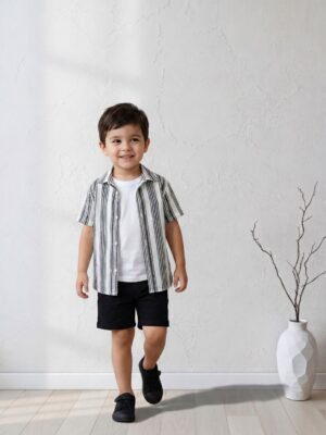 قميص مخطط أولادي أبيض وأسود – ملابس أطفال خروج صيفية