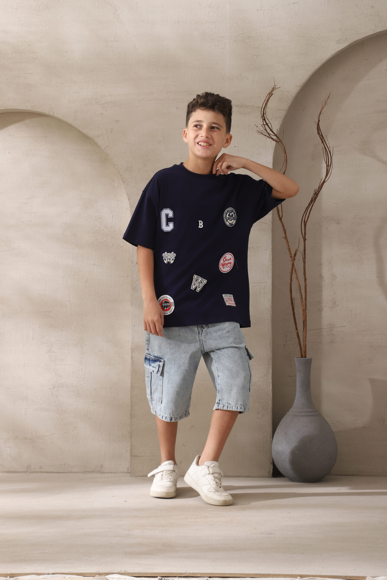 Navy Blue T-shirt with Badges | تيشيرت أولادي