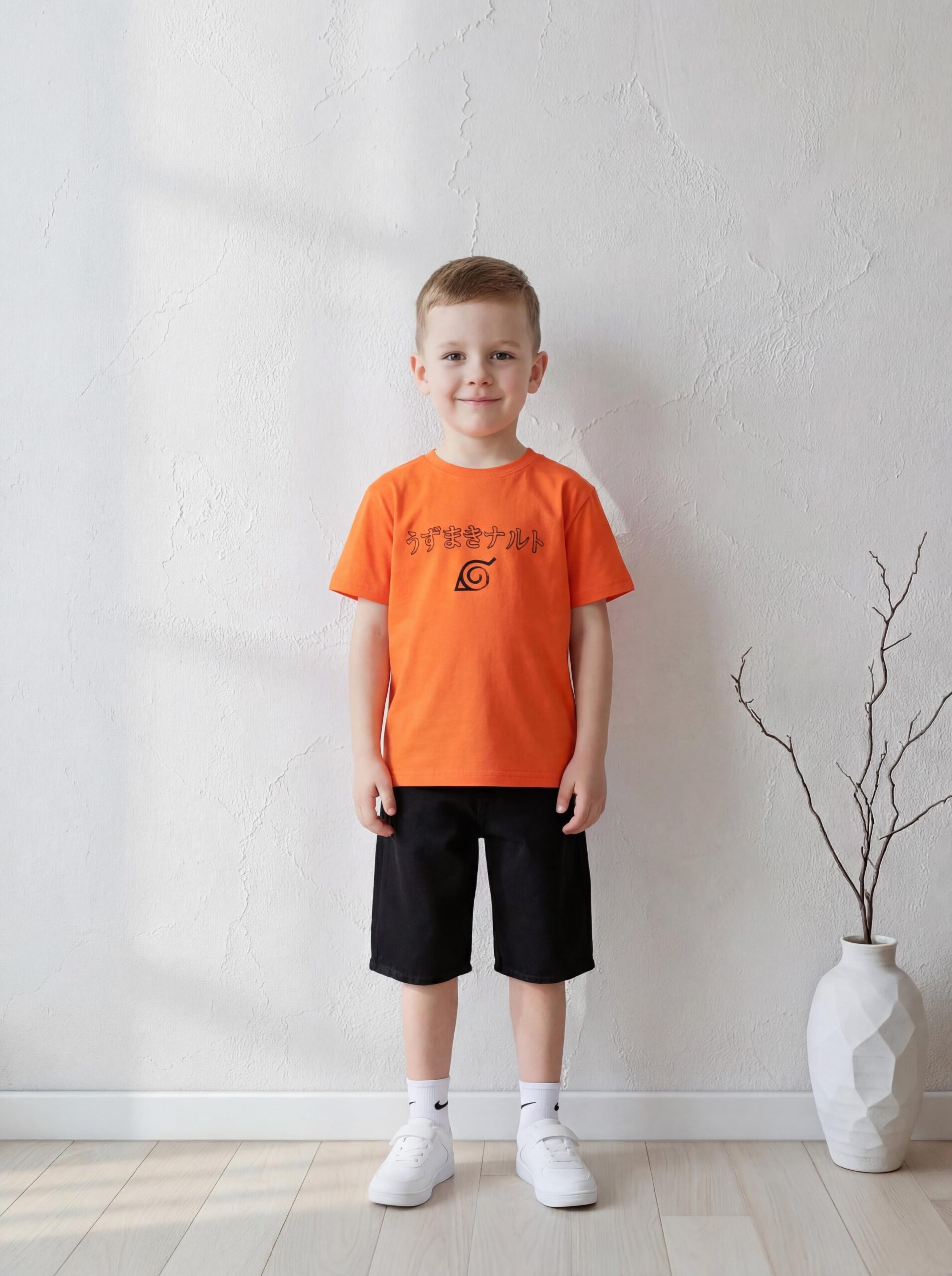 تيشيرت أولادي برتقالي ناروتو قطن – ملابس أطفال صيفي كاجوال