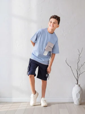 تيشيرت أوفر سايز أزرق أولادي - ملابس أطفال صيفي مودرن