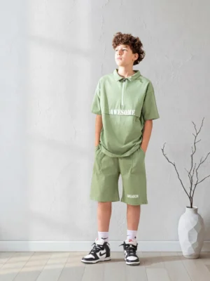 طقم صيفي أولادي أخضر مينت قطعتين – ملابس أطفال خروج