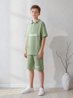 طقم صيفي أولادي أخضر مينت قطعتين – ملابس أطفال خروج