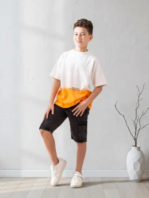 تيشيرت أولادي أوفر سايز سكري وبرتقالي – ملابس أطفال صيفية