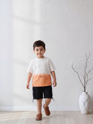 تيشيرت أومبريه برتقالي وأبيض أولادي – ملابس أطفال صيفية قطن
