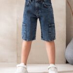 شورت جينز كارجو أولادي أزرق داكن – ملابس أطفال صيفي مراهقين