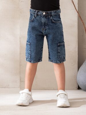 شورت جينز كارجو أولادي أزرق داكن – ملابس أطفال صيفي مراهقين