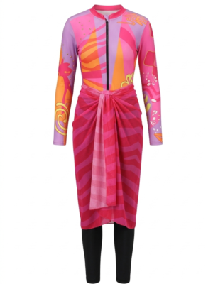 مايوه بوركيني بناتي وردي مع سارونج مقاس 12 – ملابس أطفال صيفية