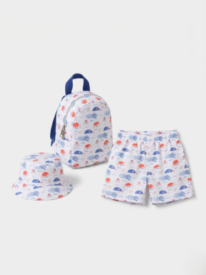 طقم مايوه أولادي 3 قطع أبيض بنقشة كائنات بحرية – ملابس أطفال صيفية